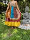 Womens Boho Maxi Dress, Gray Floral Strapdress, Recycle Silk Handmade Dresses S/M