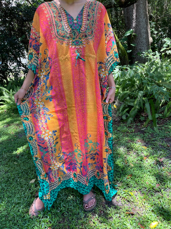 Cruise Kaftan Travel Maxidress, Blue Embroidered sheer Retro Style Maxi Dresses One size