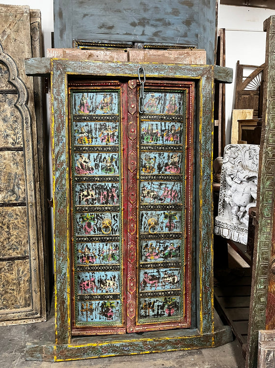 Antique Indian Door Hand Carved Blue Painted Garden Doors 69.5x38