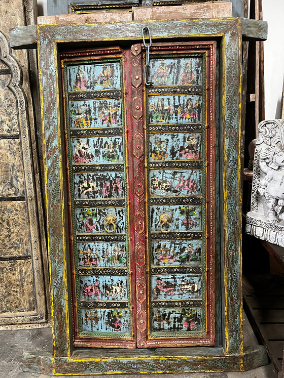 Antique Indian Door Hand Carved Blue Painted Garden Doors 69.5x38