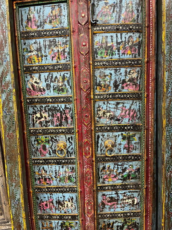 Antique Indian Door Hand Carved Blue Painted Garden Doors 69.5x38