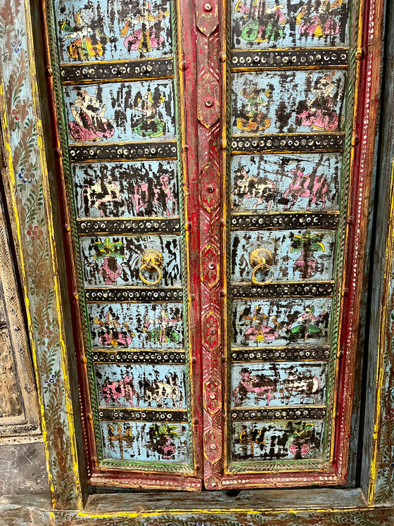 Antique Indian Door Hand Carved Blue Painted Garden Doors 69.5x38