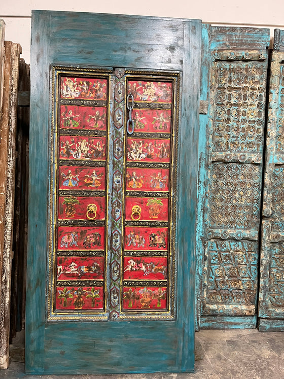 Antique Ganesha Painted Barn Door Vintage Wod Hand Carved Door 88x42