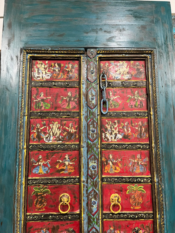Antique Ganesha Painted Barn Door Vintage Wod Hand Carved Door 88x42