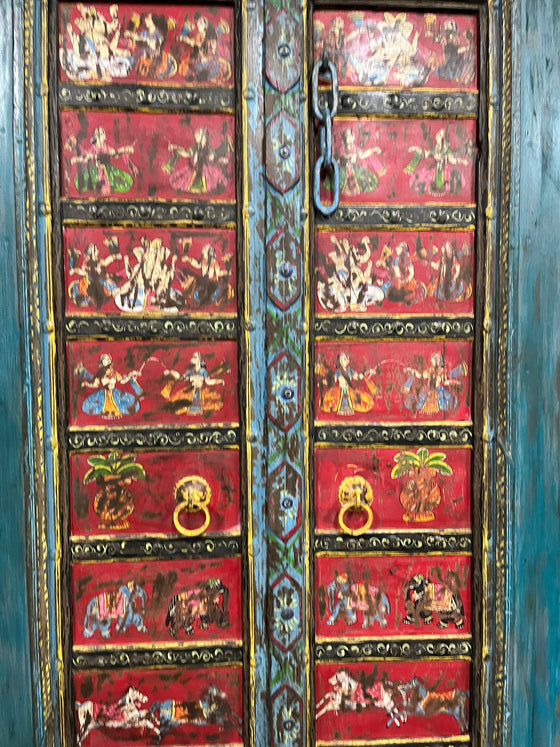 Antique Ganesha Painted Barn Door Vintage Wod Hand Carved Door 88x42