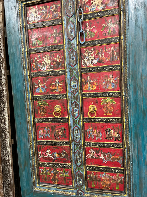 Antique Ganesha Painted Barn Door Vintage Wod Hand Carved Door 88x42
