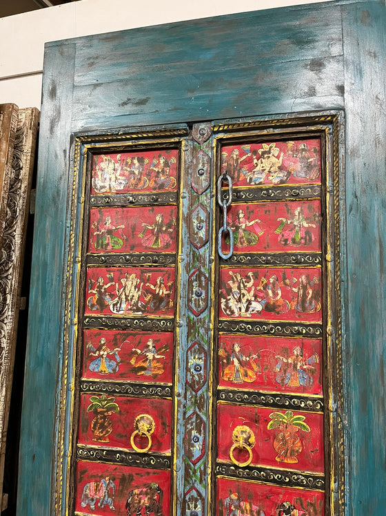 Antique Ganesha Painted Barn Door Vintage Wod Hand Carved Door 88x42