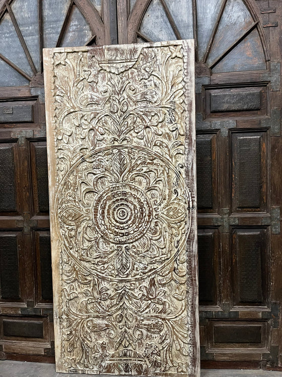 Vintage Carved Barn Door Whitewash Lotus Mandala Door Panel 80x36