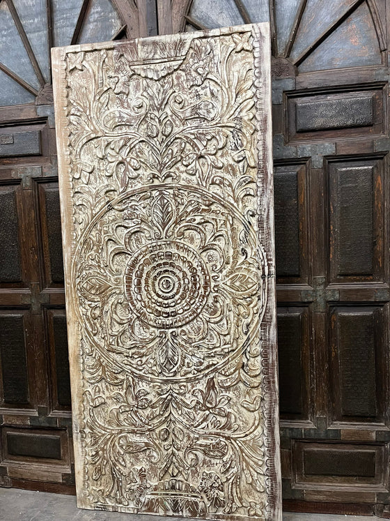 Vintage Carved Barn Door Whitewash Lotus Mandala Door Panel 80x36