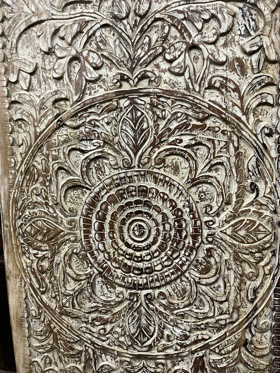 Vintage Carved Barn Door Whitewash Lotus Mandala Door Panel 80x36