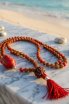 Buddhist Coral & Rudraksha Yoga Mala | Knotted Japamala Meditation Prayer Beads