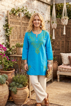 Sea Blue Boho Tunic – Hand-Embroidered Cotton Short Tunic Dress for Women  S