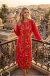 Boho Chic Rose Red Cotton Tunic – Hand Embroidered Summer Beach Cover-Up for Women L