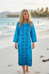 Sea Blue Boho Cotton Kurti – Hand-Embroidered Summer Tunic Beach Cover-Up for Women L