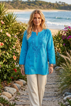 Sea Blue Boho Cotton Short Kurti – Hand Embroidered Coastal Summer Top Beach Tunic L