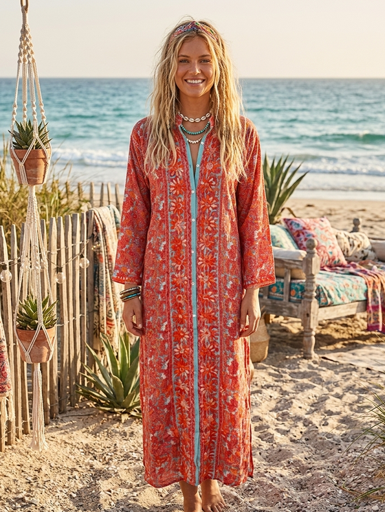 Women’s Red Printed Long Tunic Caftan – Boho Resort Wear, Flowy Kaftan Dress L