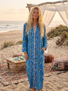 Women’s Blue Silk Kaftan Long Tunic – Boho Resort Duster Dress, Flowy Beach Cover Up XL