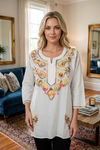 White Boho Embroidered Cotton Tunic – Colorful Coastal Short Tunic Top for Women XS