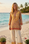 Red Yellow Embroidered Silk Tunic – Boho Chic Summer Beach Cover-Up for Women M