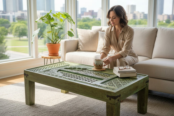Antique Carved Door Coffee Table – Rustic Green Accent Table | Vintage Modern Furniture