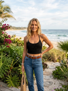 Women’s Black Tie-Back Halter Crop Top – Embroidered Boho Chic Top SM
