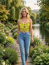 Yellow Embroidered Halter Crop Top for Women | Tie-Back Boho Summer Top  S