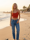 Women’s Red Embroidered Halter Top – Boho Beach Crop Top, Tie-Back Summer Blouse SM