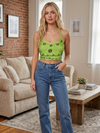 Green Hand Embroidered Halter Top for Women | Tie Back Boho Blouse S