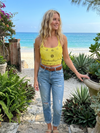 Women’s Yellow Tie Halter Top – Hand Embroidered Boho Chic Top S
