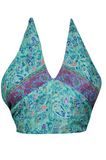  Sky Blue Hand-Tied Silk Halter Top – Women's Floral Summer Blouse One Size