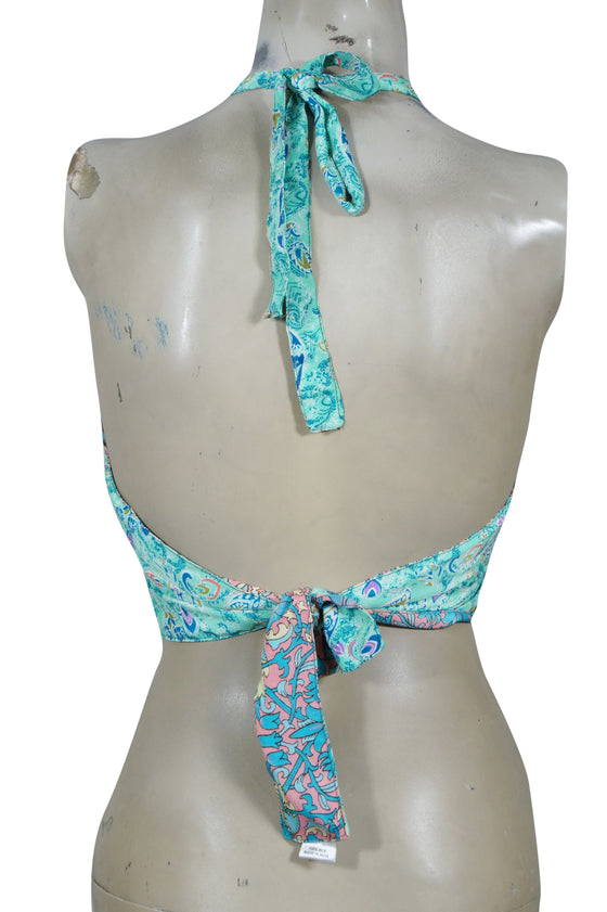 Sky Blue Hand-Tied Silk Halter Top – Women's Floral Summer Blouse One Size
