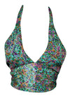 Boho Greenish Hand-Tied Silk Halter Top – Women's Floral Summer Tie-Back Blouse One Size