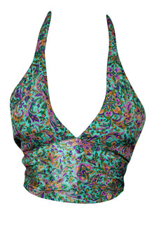  Boho Greenish Hand-Tied Silk Halter Top – Women's Floral Summer Tie-Back Blouse One Size