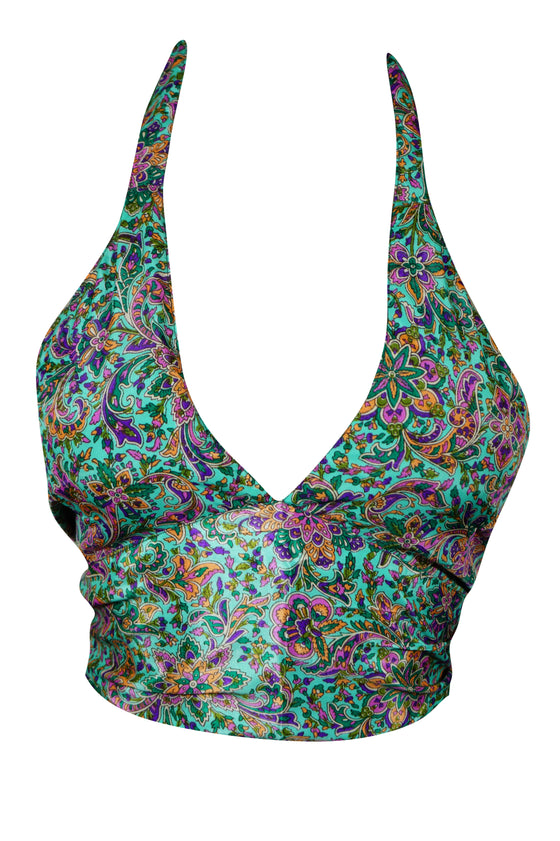 Boho Greenish Hand-Tied Silk Halter Top – Women's Floral Summer Tie-Back Blouse One Size