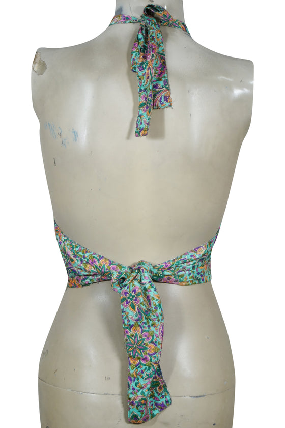 Boho Greenish Hand-Tied Silk Halter Top – Women's Floral Summer Tie-Back Blouse One Size