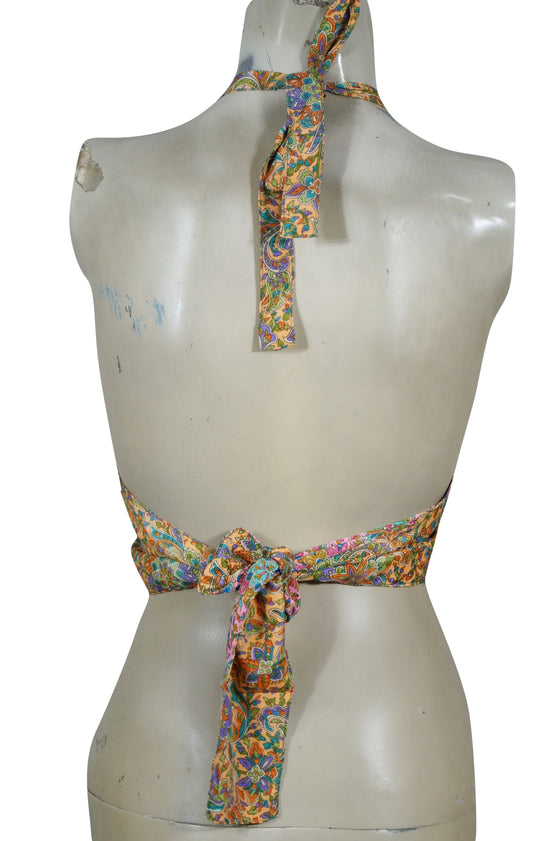 Peach Floral Silk Halter Top – Hand-Tied Boho Blouse for Women  Perfect for Summer One Size