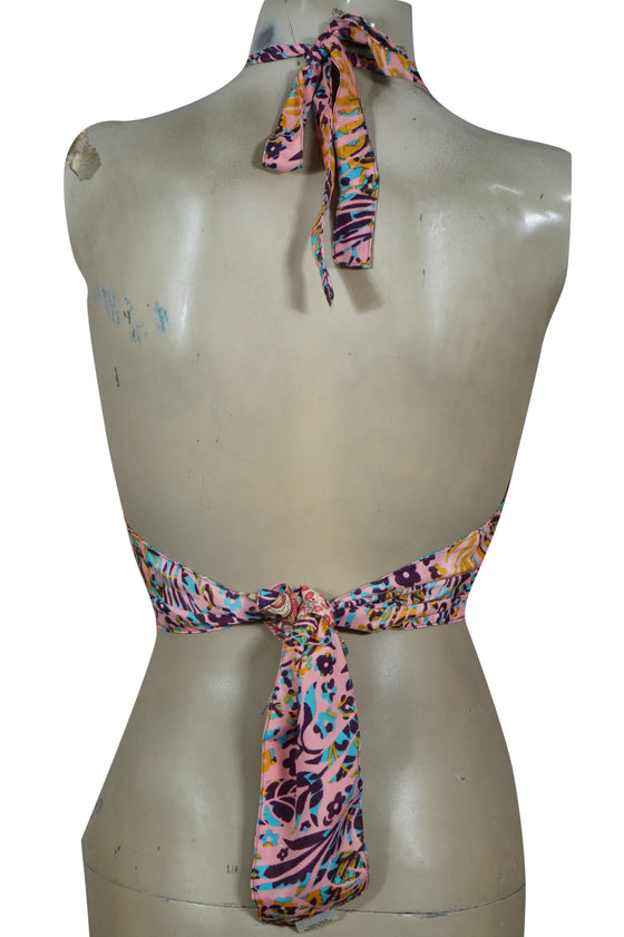 Pink Floral Hand-Tied Silk Halter Top – Boho-Chic Summer Blouse for Women One Size