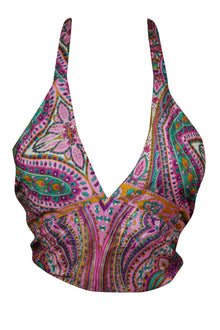  Deep Pink Floral Silk Halter Top – Hand-Tied Boho Summer Blouse for Women One Size