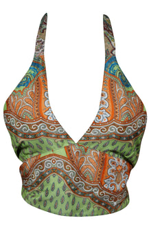   Green & Orange Floral Silk Halter Top – Handcrafted Boho Summer Blouse for Women One Size