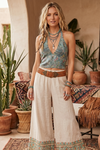 Sky Blue Silk Halter Top – Handcrafted Floral Boho Summer Blouse for Women One Size