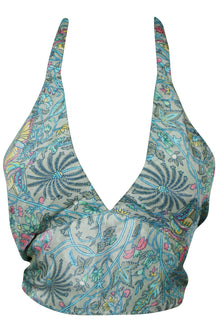  Sky Blue Handcrafted Silk Halter Top – Women's Floral Summer Blouse One Size
