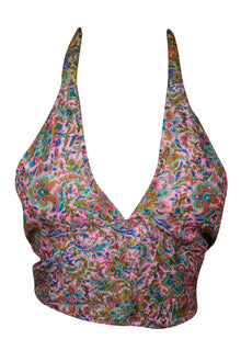 Deep Pink Floral Silk Halter Top – Handcrafted Boho Summer Blouse for Women One Size