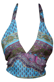  Floral Silk Halter Top for Women – Blue Purple Hand-Tied Summer Blouse One Size