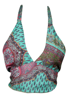  Greenish Floral Silk Halter – Hand-Tied Boho Tie-Back Blouse for Summer One Size