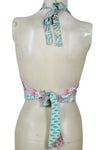 Greenish Floral Silk Halter – Hand-Tied Boho Tie-Back Blouse for Summer One Size