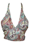 White & Red Printed Silk Halter Top – Hand-Tied Boho Summer Blouse for Women One Size