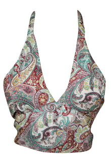  White & Red Printed Silk Halter Top – Hand-Tied Boho Summer Blouse for Women One Size