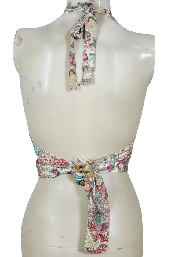 White & Red Printed Silk Halter Top – Hand-Tied Boho Summer Blouse for Women One Size