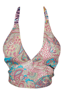  Light Pink Floral Silk Halter Top – Hand-Tied Bohemian Summer Blouse for Women One Size