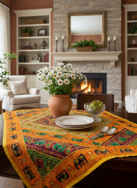 Rhapsody Décor Tapestry – Orange Green Elephant Embroidered Bed Throw & Wall Art  60x40 